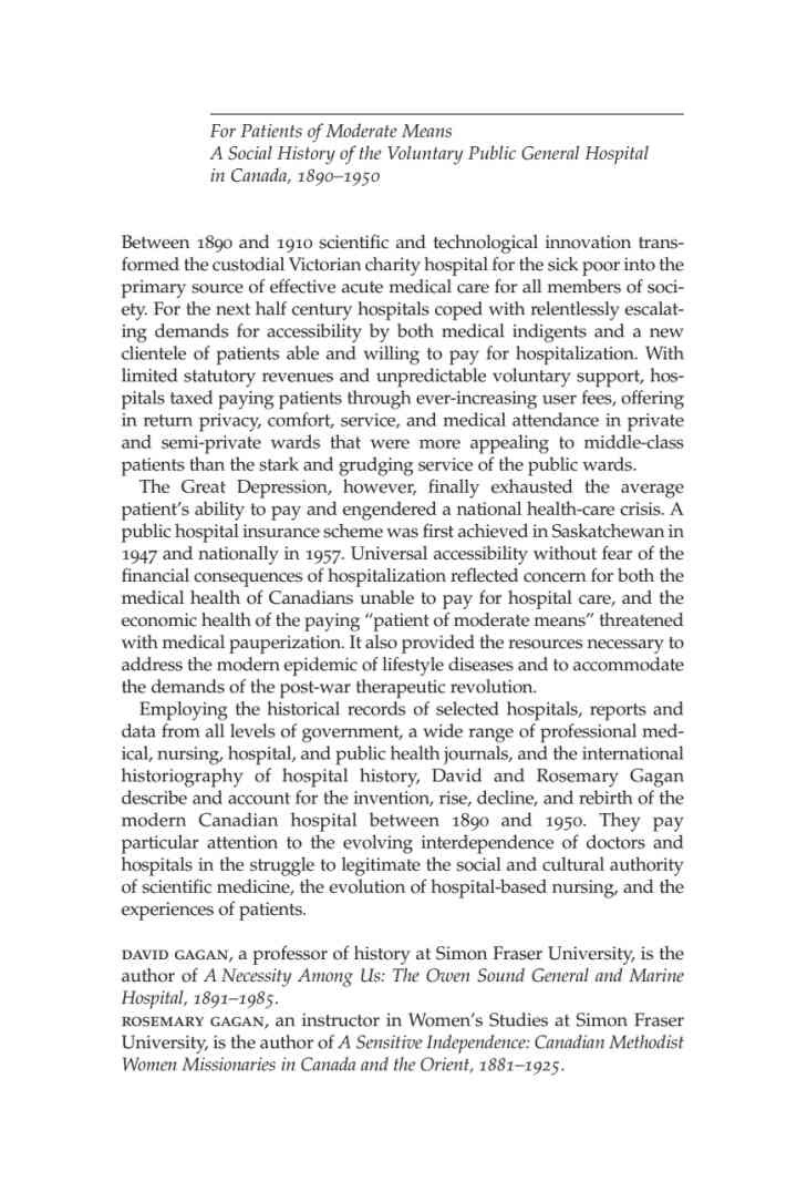 For Patients of Moderate Means: A Social History of the Voluntary Public General Hospital in Canada, 1890-1950 eBook